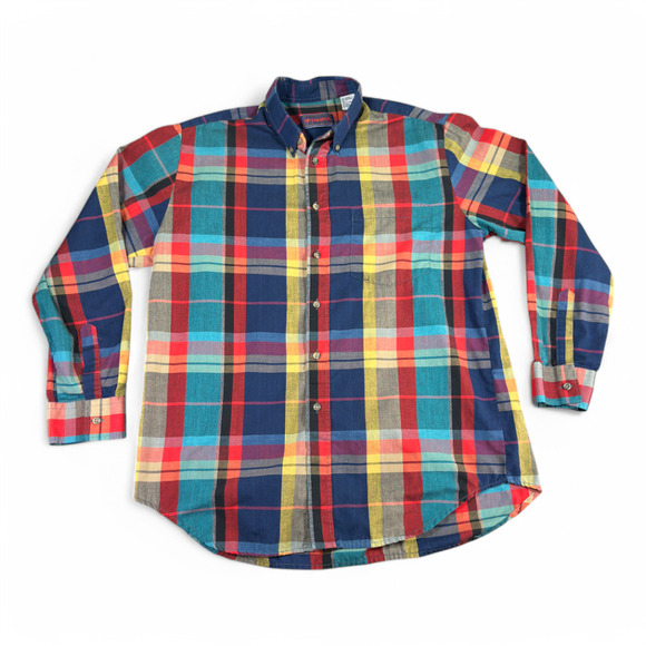 Vintage McGregor Shirt Adult LARGE Red Purple Green Patchwork Plaid Rainbow 80s - Picture 1 of 9